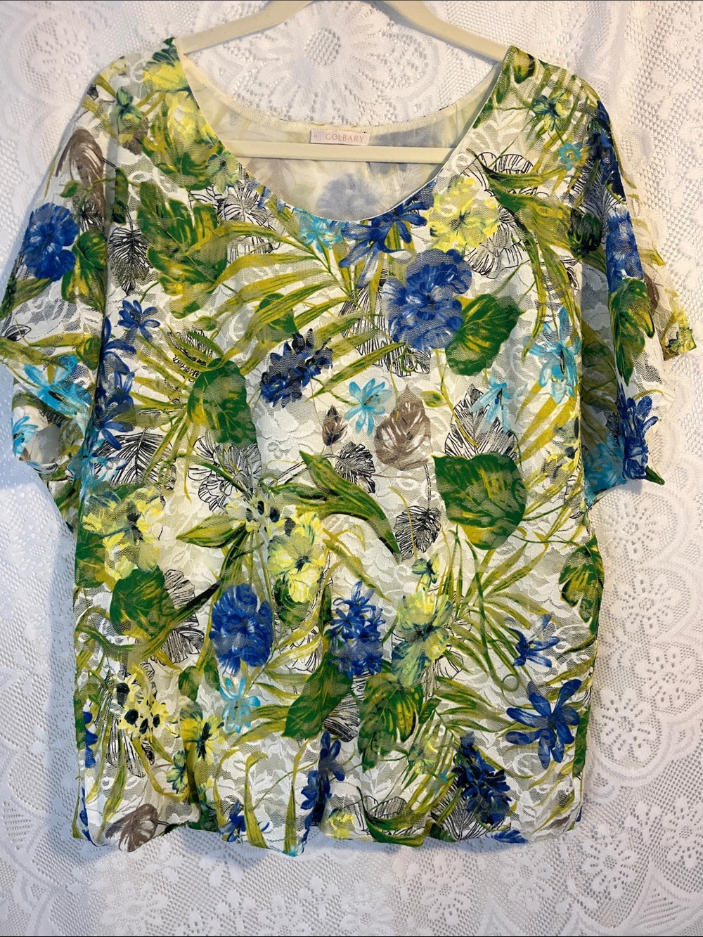 😻5for$15😻 Colbary Floral Scoop Neck Women's Top in Blue & Green 3 (1X)